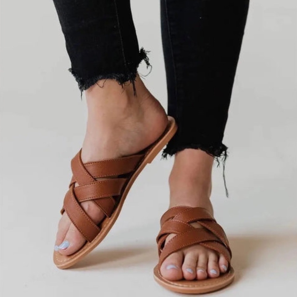 NIB Lucy Avenue Strappy Marley Brown Vegan Leather Backless Sandals Size…